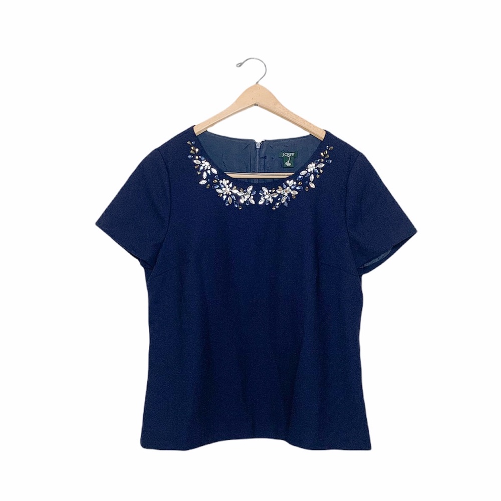 J. Crew Factory Navy Blue Embellished Jewel Wool Knit Short Sleeve Blouse 10 - Picture 1 of 9